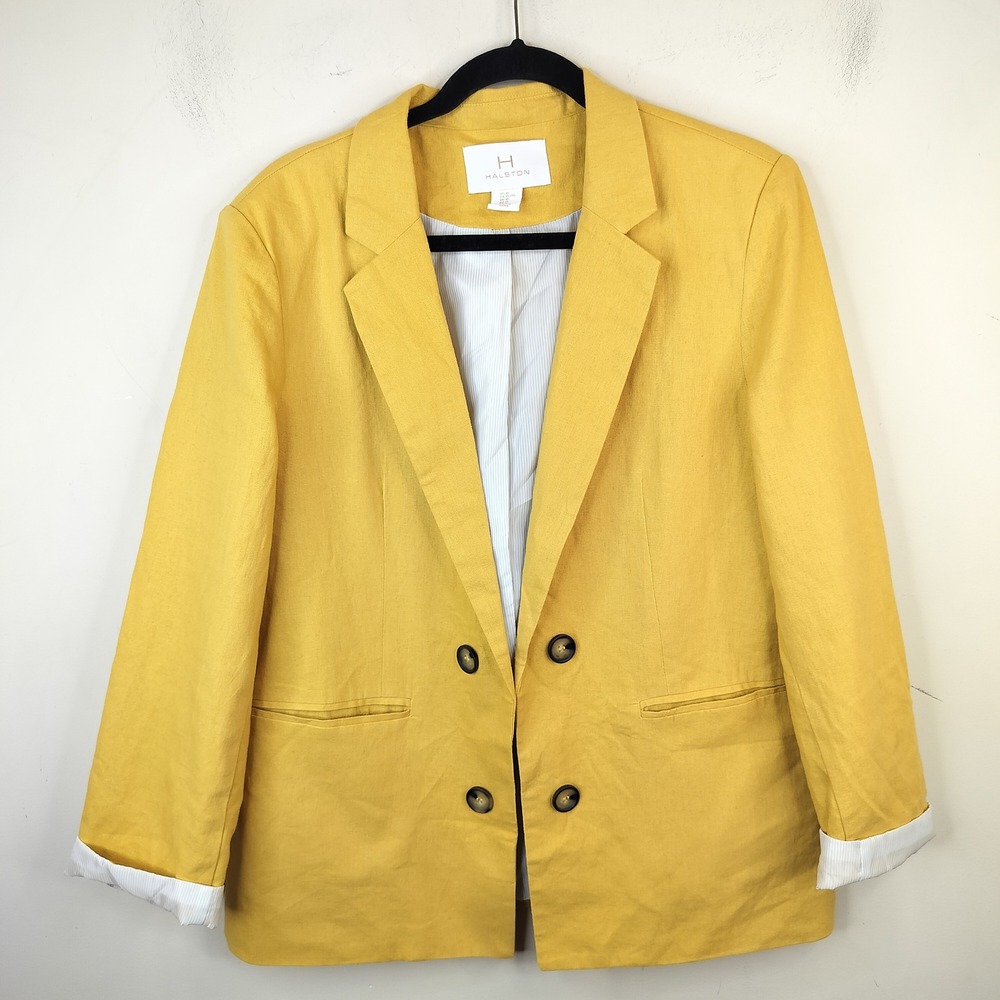 H Halston Linen Blend Blazer XL Double Breasted Mustard Yellow Preppy